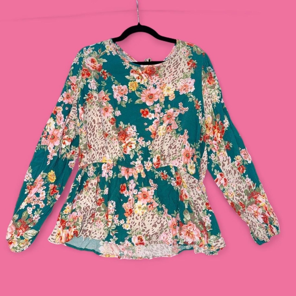 Women's 3X Floral Peplum Blouse Teal Mixed Print Long Sleeve Tie Back Rayon Top
